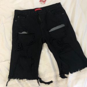 F21 - Black Mid-Rise Ripped Bermuda Jean Shorts
